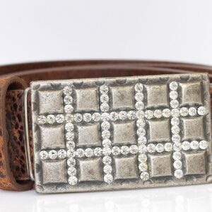 Blue leather belt.