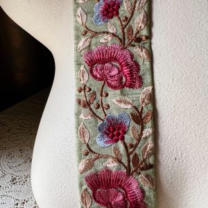 Green with Rose Pink Embroidered Floral Silk Sari Trim TR 295