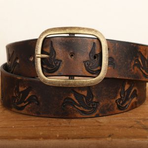 Sparrow Distressed Leather Belt Embossed & Vintage-Aged Western Style with Snap Closure Handmade in USA Swallow Bird Tattoo Flash Art