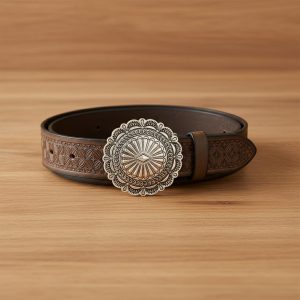 Hand-Tooled Leather Belt with Ornate Silver Concho Buckle - Vintage Western Style Boho Leather Waistband