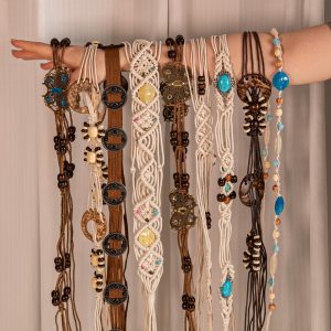 Bohemian Vintage Hand Woven Waist Chain, Ethnic Linen Belt for Women, Retro Boho Adjustable Waistband, Aesthetic Dress Decorative Belt
